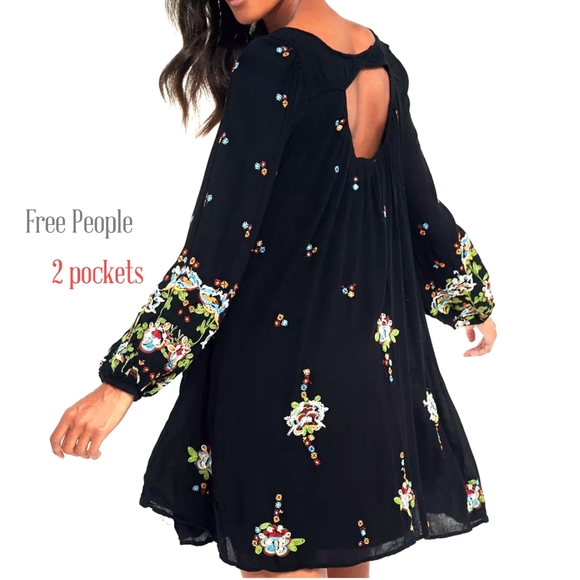 SOLD🟠🟠🟠🟠🟠🟠NWT Free People Oxford Floral Embroidered Midi Dress L Black - Picture 1 of 9